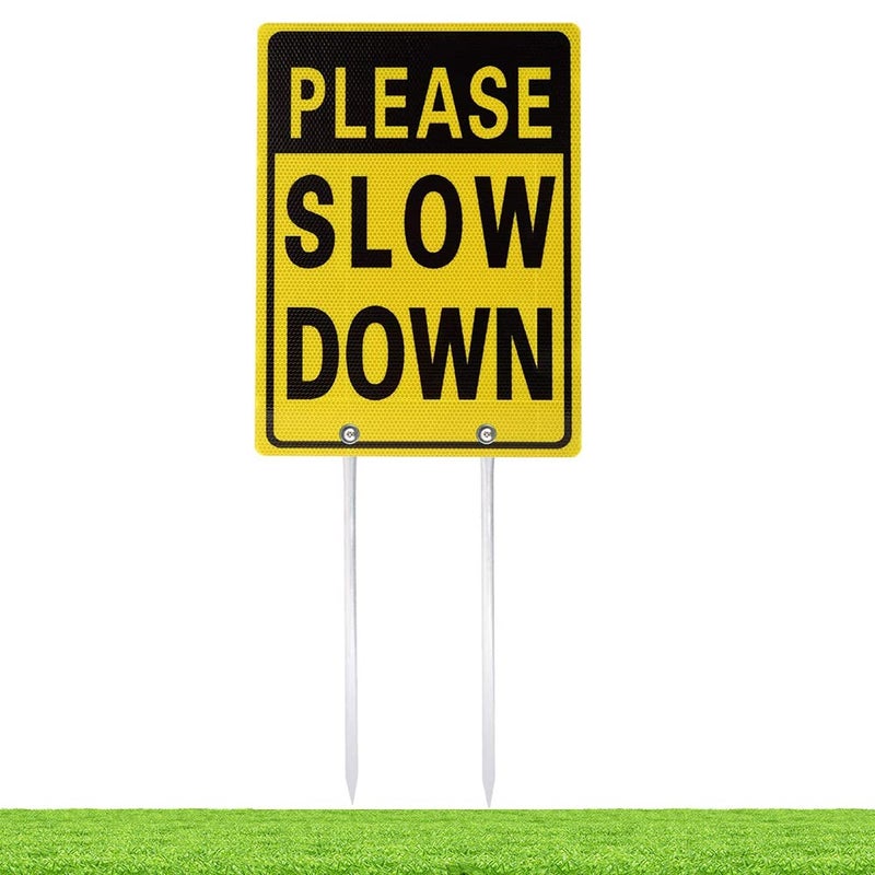 Kichwit Please Slow Down Sign, 16 Inch x 12 Inch/28 Inch High, Double Sided Aluminum Reflective Slow Down Sign with Metal Stakes - Image 1